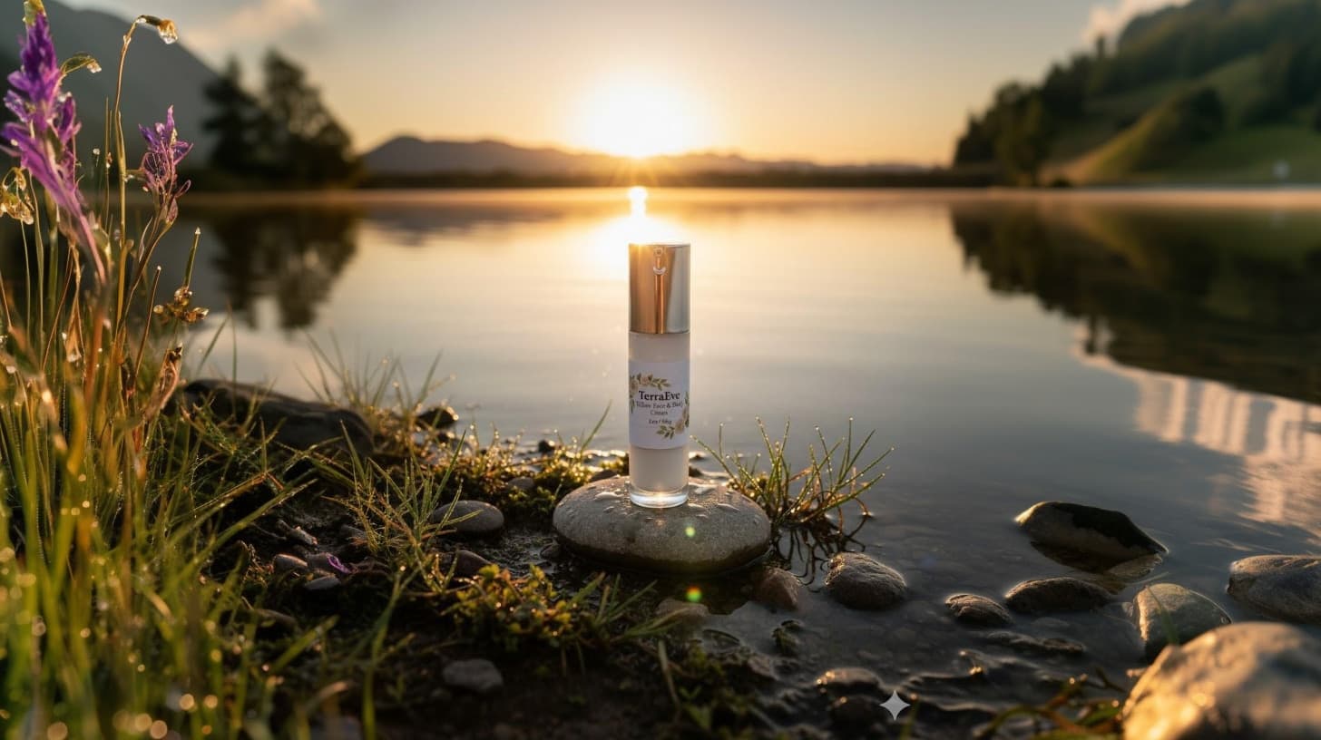 TerraEve Tallow Face & Body Cream on a stone at a lakeside at golden hour